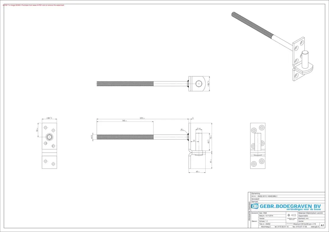 GB Scharnierpen M12x220mm met pen 16x45