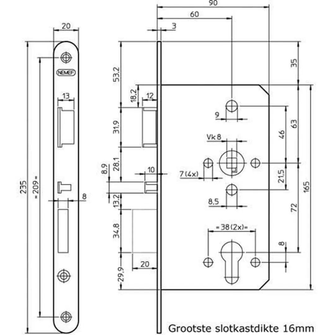 Nemef 699 Insteekslot Paniekslot RVS - 72mm Doorn 60mm - afbeelding 2 van 6