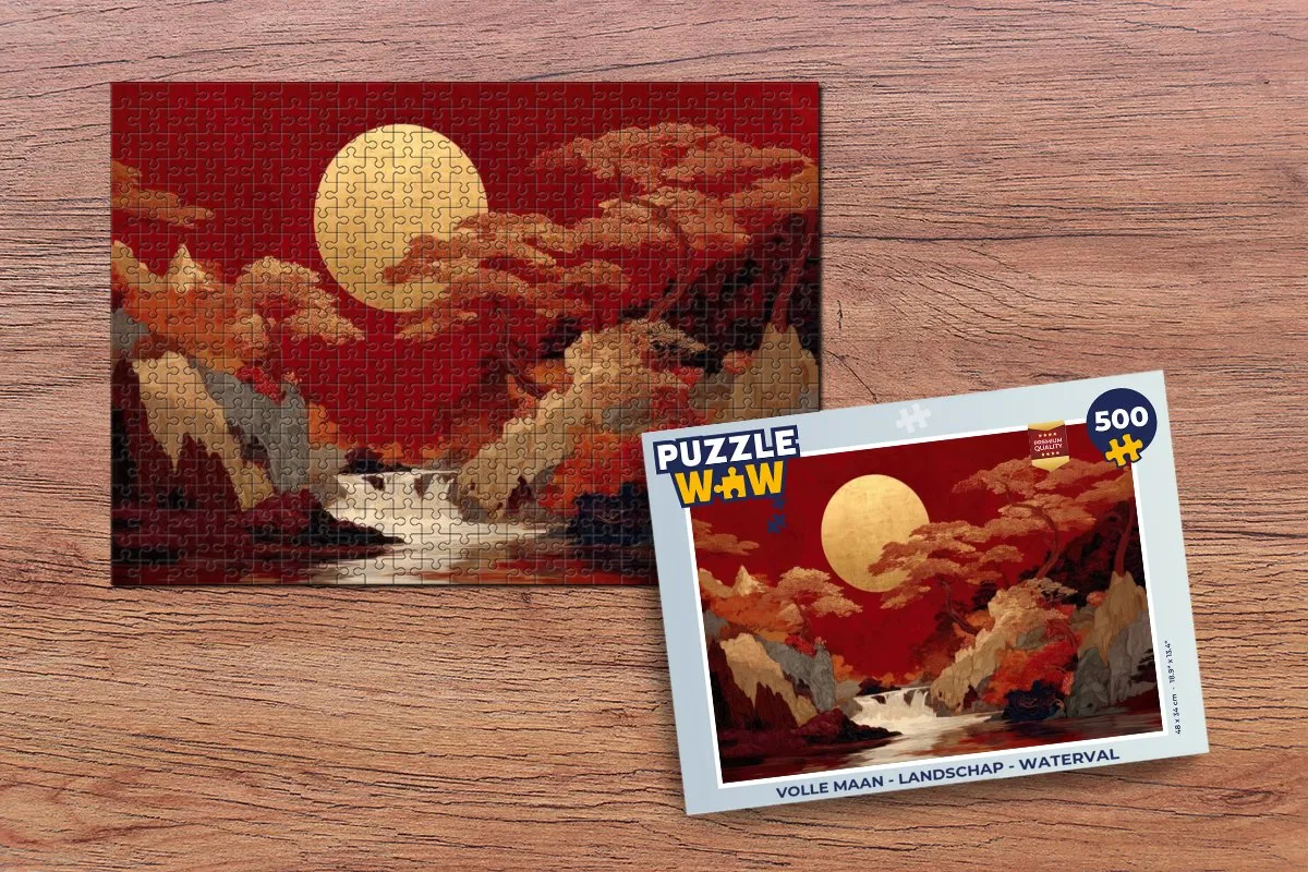 PuzzleWow Volle Maan Landschap Waterval Puzzel 500 Stuks - Maan