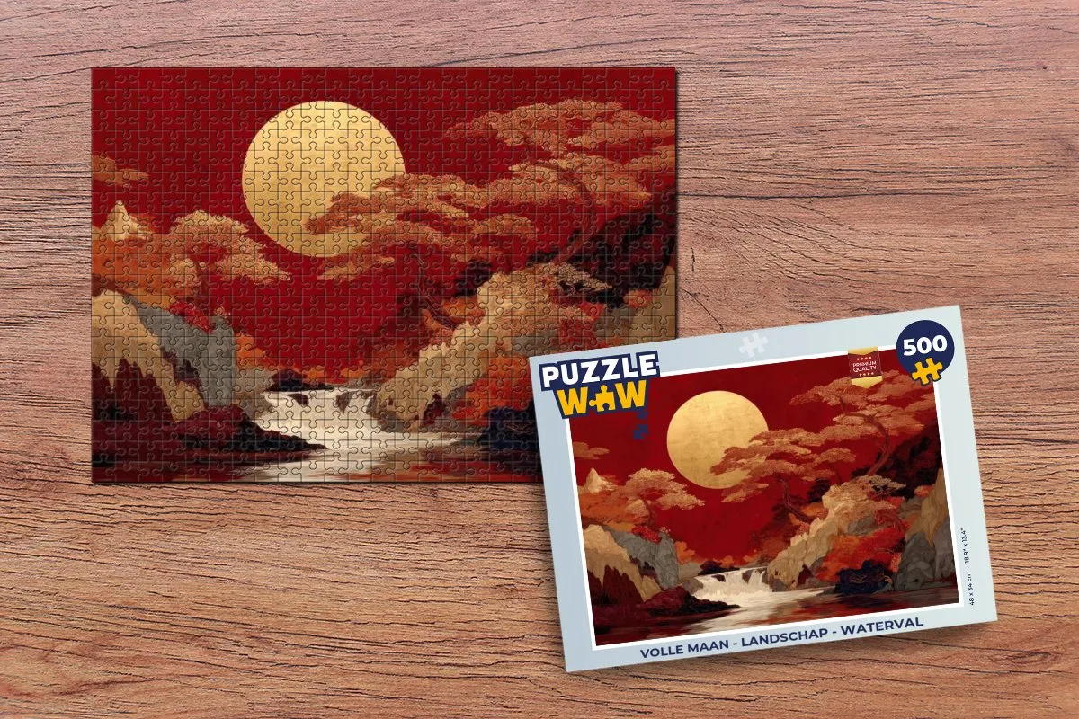 PuzzleWow Volle Maan Landschap Waterval Puzzel 500 Stuks - Maan
