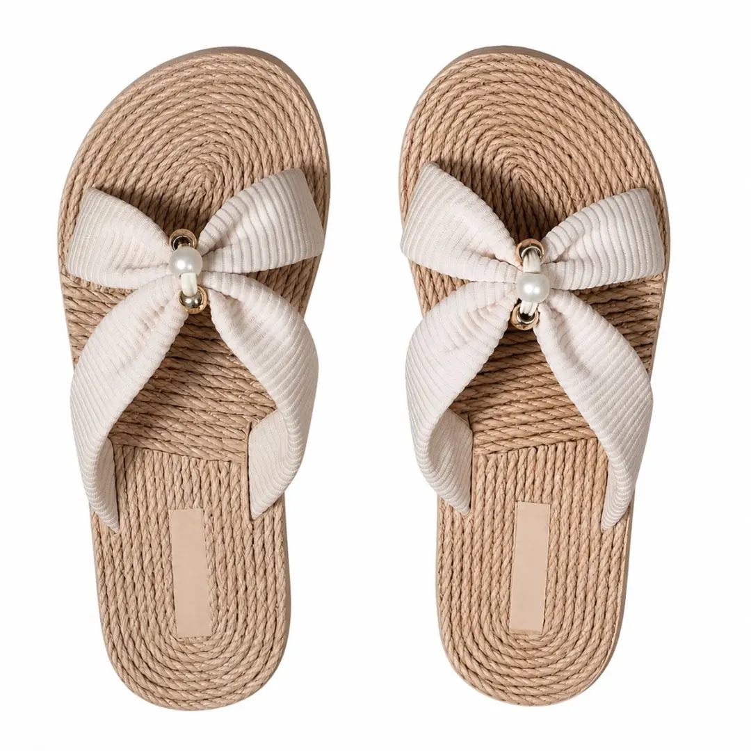 Beige dames slippers platte instap sandalen open teen gevlochten zool met stoffe