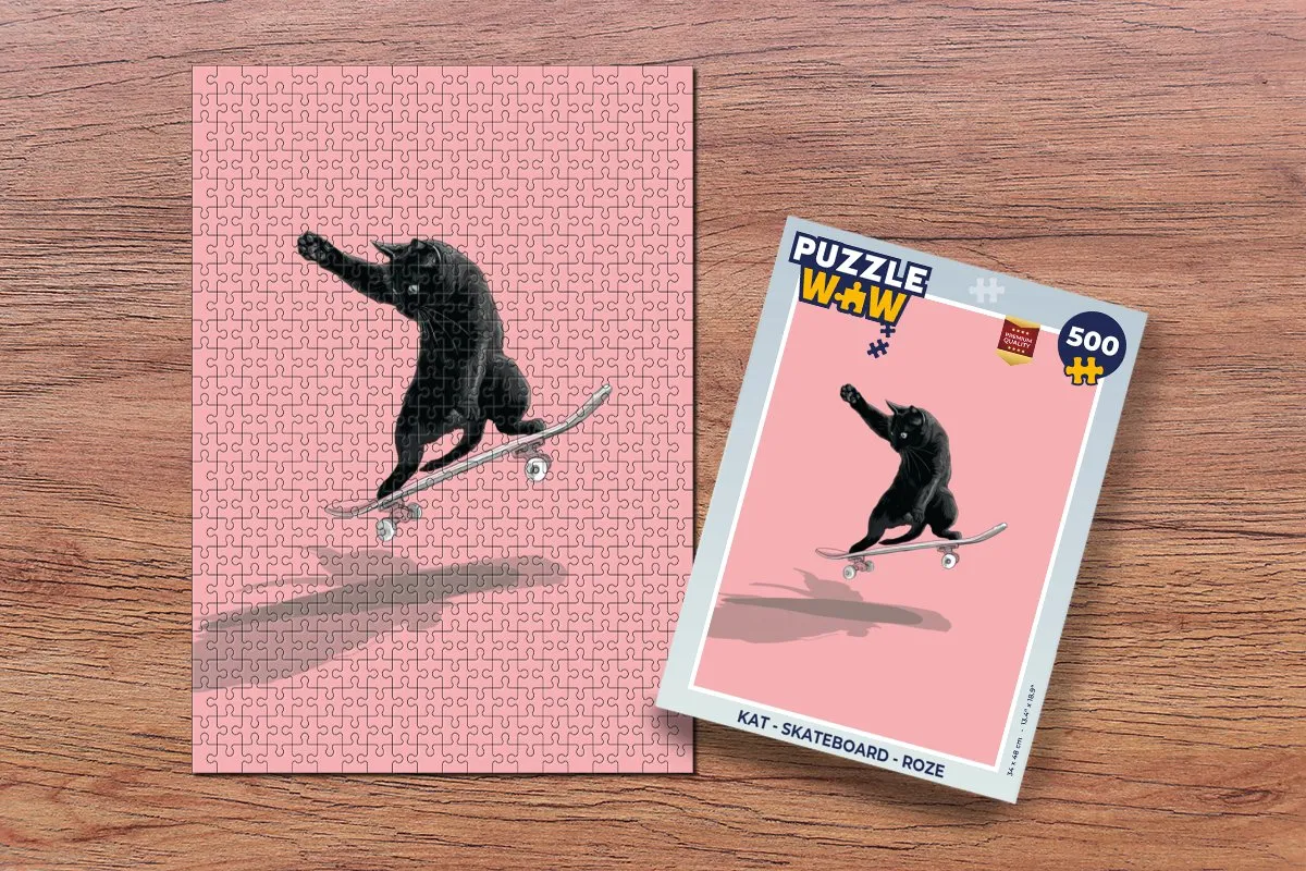 PuzzleWow Kat Skateboard Legpuzzel 500 Stuks - Roze