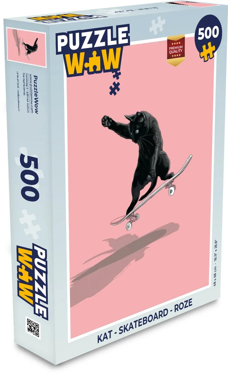 PuzzleWow Kat Skateboard Legpuzzel 500 Stuks - Roze