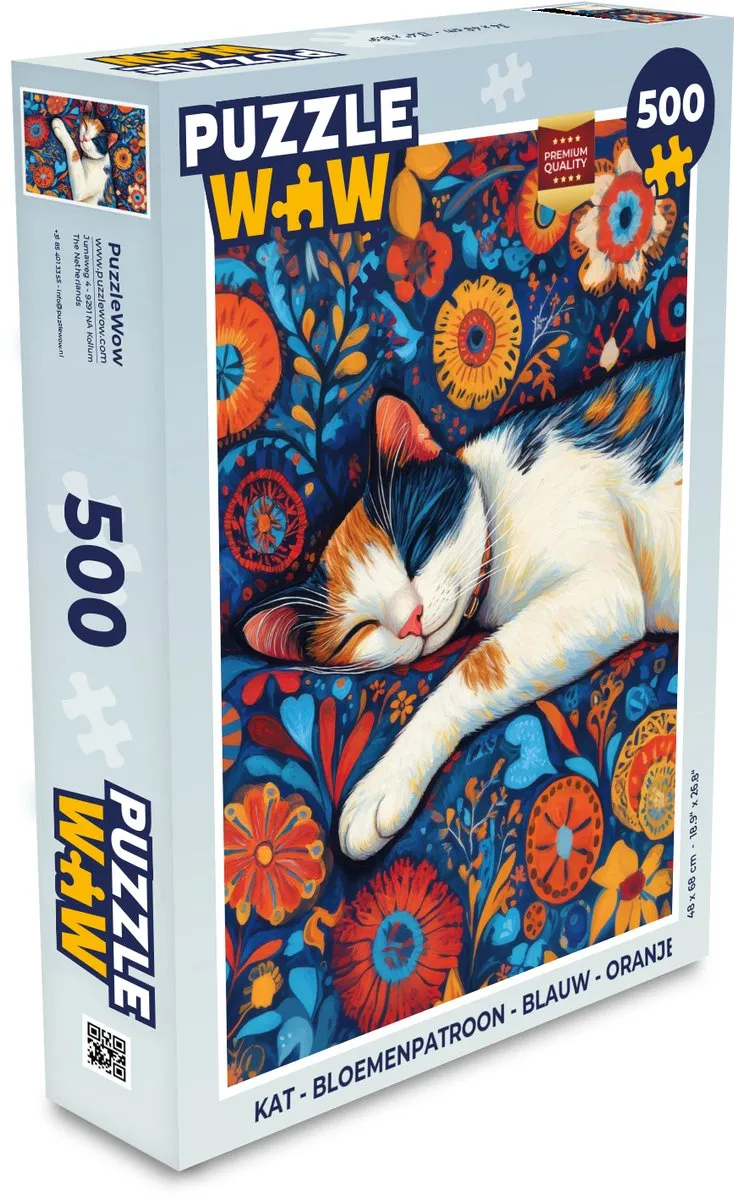 PuzzleWow Kat Bloemenpatroon Legpuzzel 500 Stuks - Blauw Oranje
