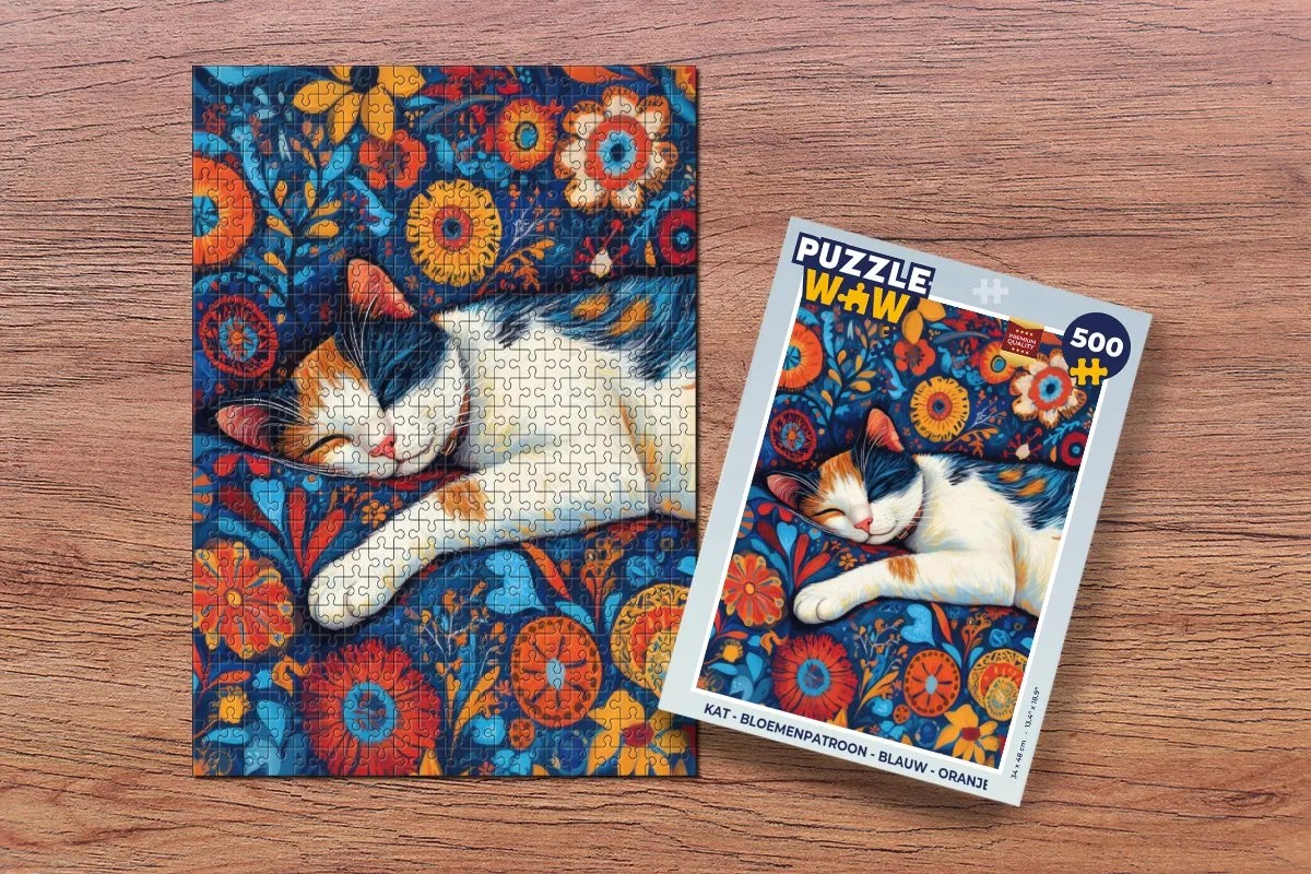 PuzzleWow Kat Bloemenpatroon Legpuzzel 500 Stuks - Blauw Oranje