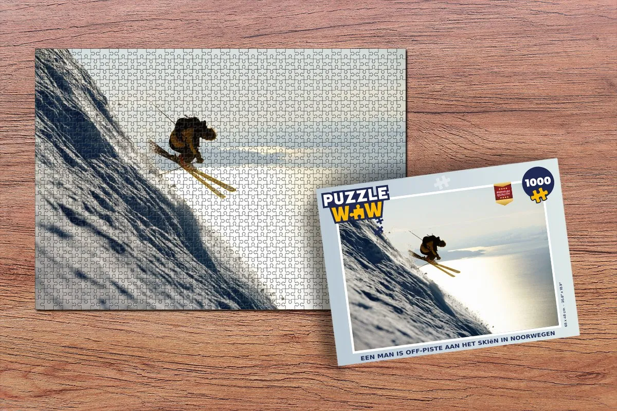 PuzzleWow Legpuzzel Een man is off-piste aan het skiën in Noorwegen 1000 Stuks - Multicolor
