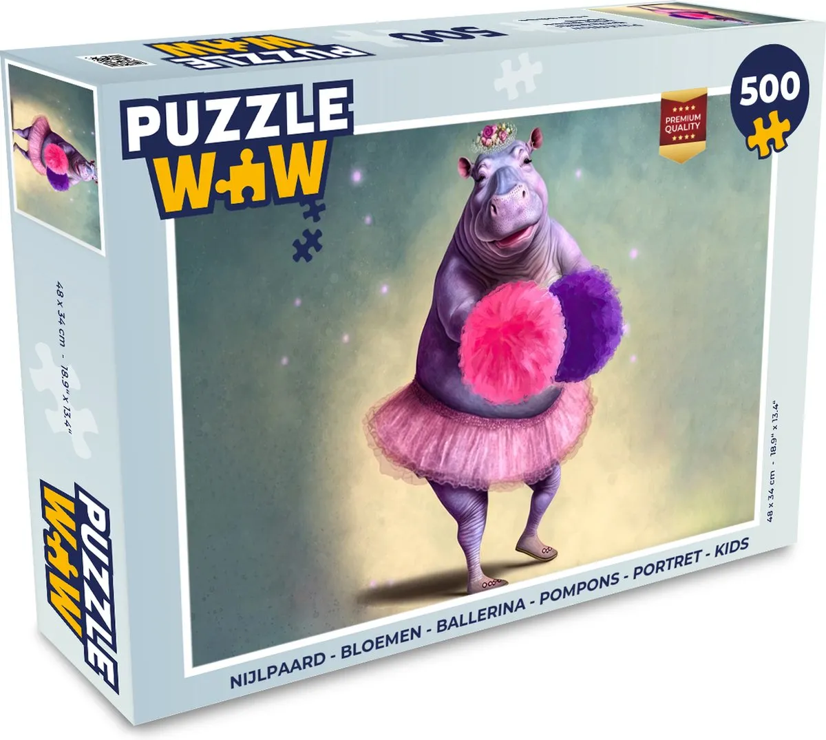 PuzzleWow Legpuzzel Nijlpaard Bloemen Ballerina Pompons 500 Stuks - Multicolor