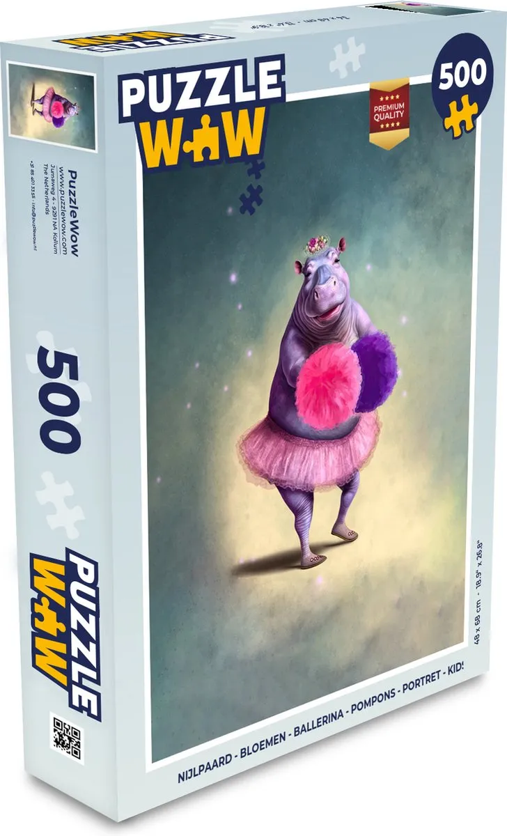 PuzzleWow Legpuzzel Nijlpaard Bloemen Ballerina Pompons 500 Stuks - Multicolor