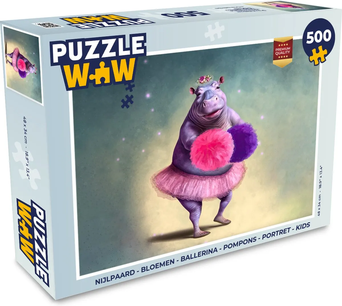 PuzzleWow Legpuzzel Nijlpaard Bloemen Ballerina Pompons 500 Stuks - Multicolor