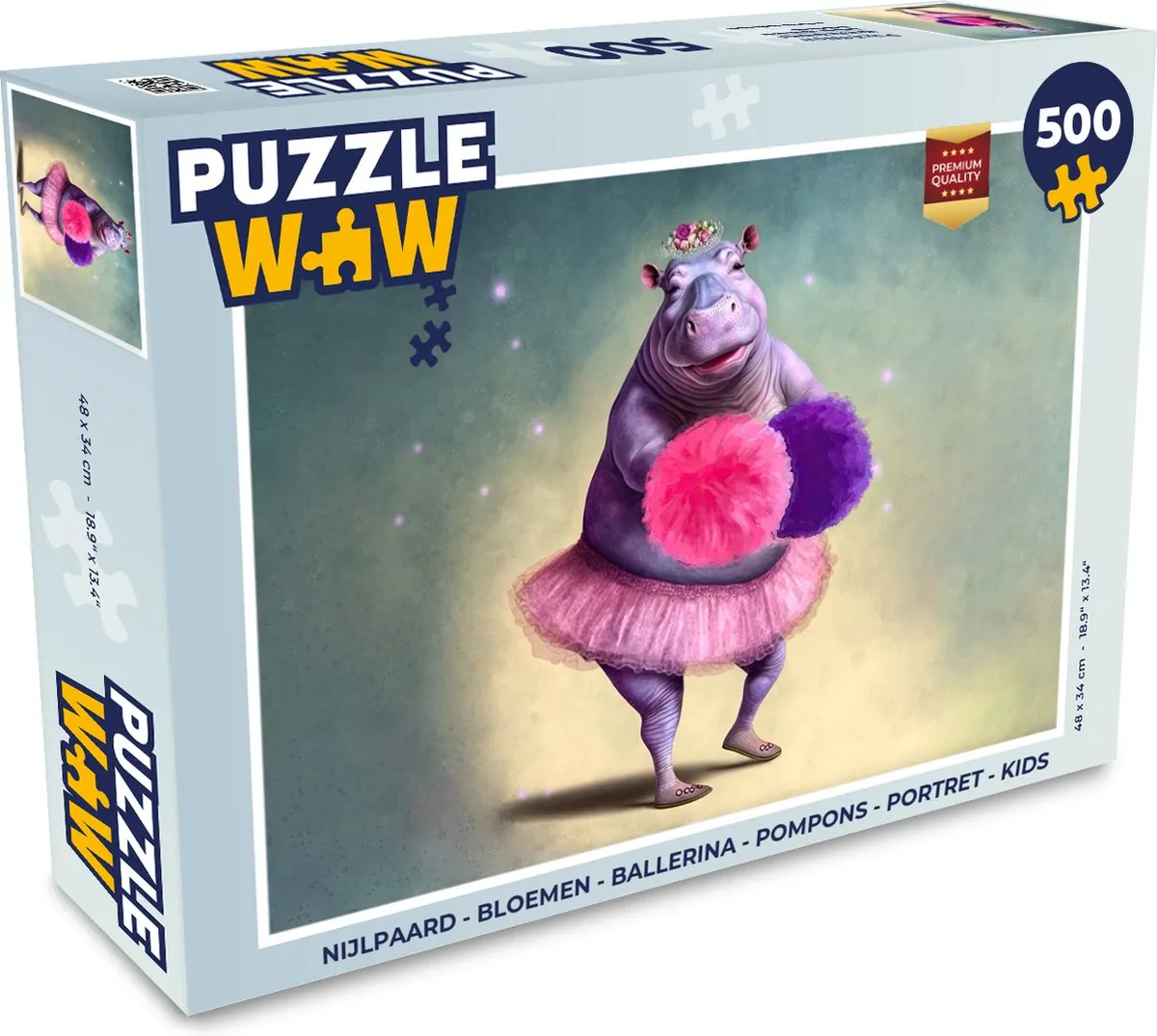 PuzzleWow Legpuzzel Nijlpaard Bloemen Ballerina Pompons 500 Stuks - Multicolor