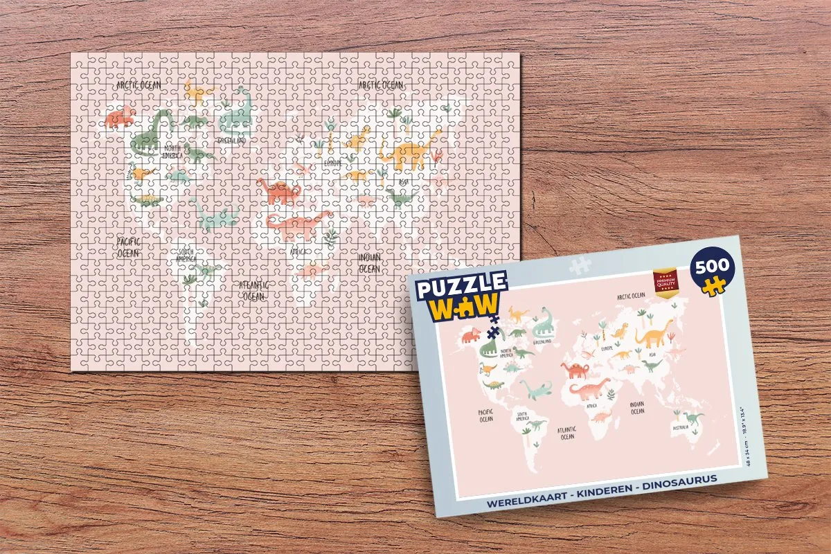 PuzzleWow Wereldkaart Dinosaurus Legpuzzel 500 Stuks - Multicolor
