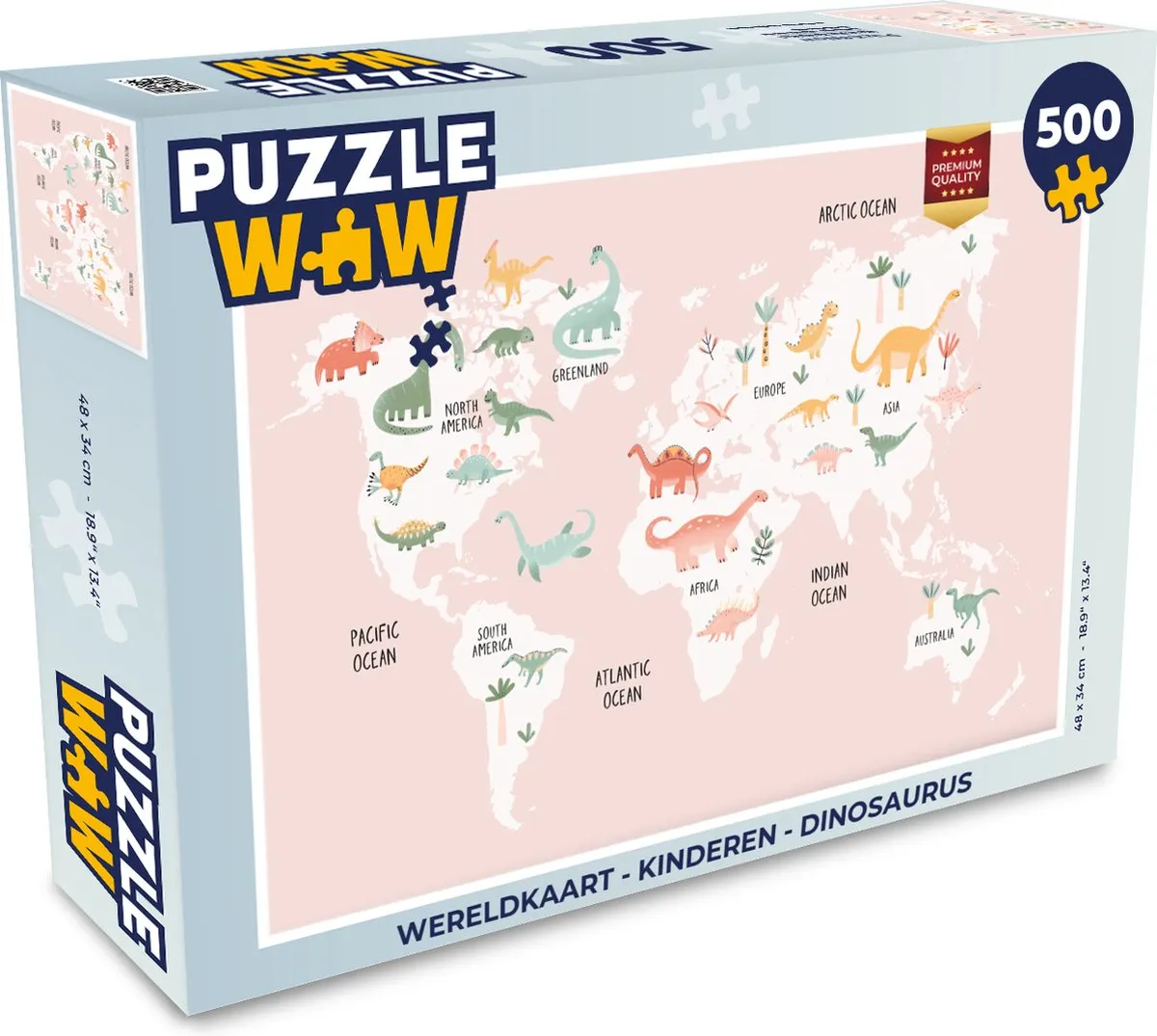 PuzzleWow Wereldkaart Dinosaurus Legpuzzel 500 Stuks - Multicolor