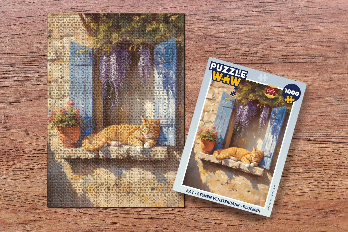 PuzzleWow Kat Vensterbank Bloemen Legpuzzel 1000 Stuks