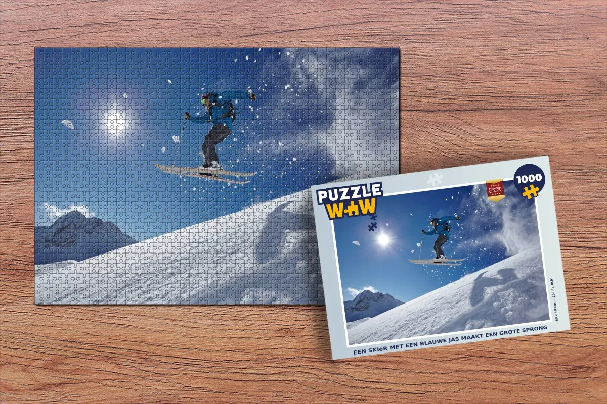 PuzzleWow Legpuzzel 1000 Stuks - Een skiër met een blauwe jas