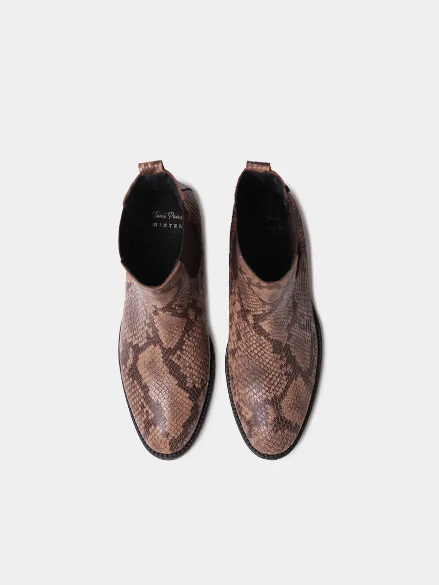 Dames enkellaarsjes van leer met slangenprint en elastische details