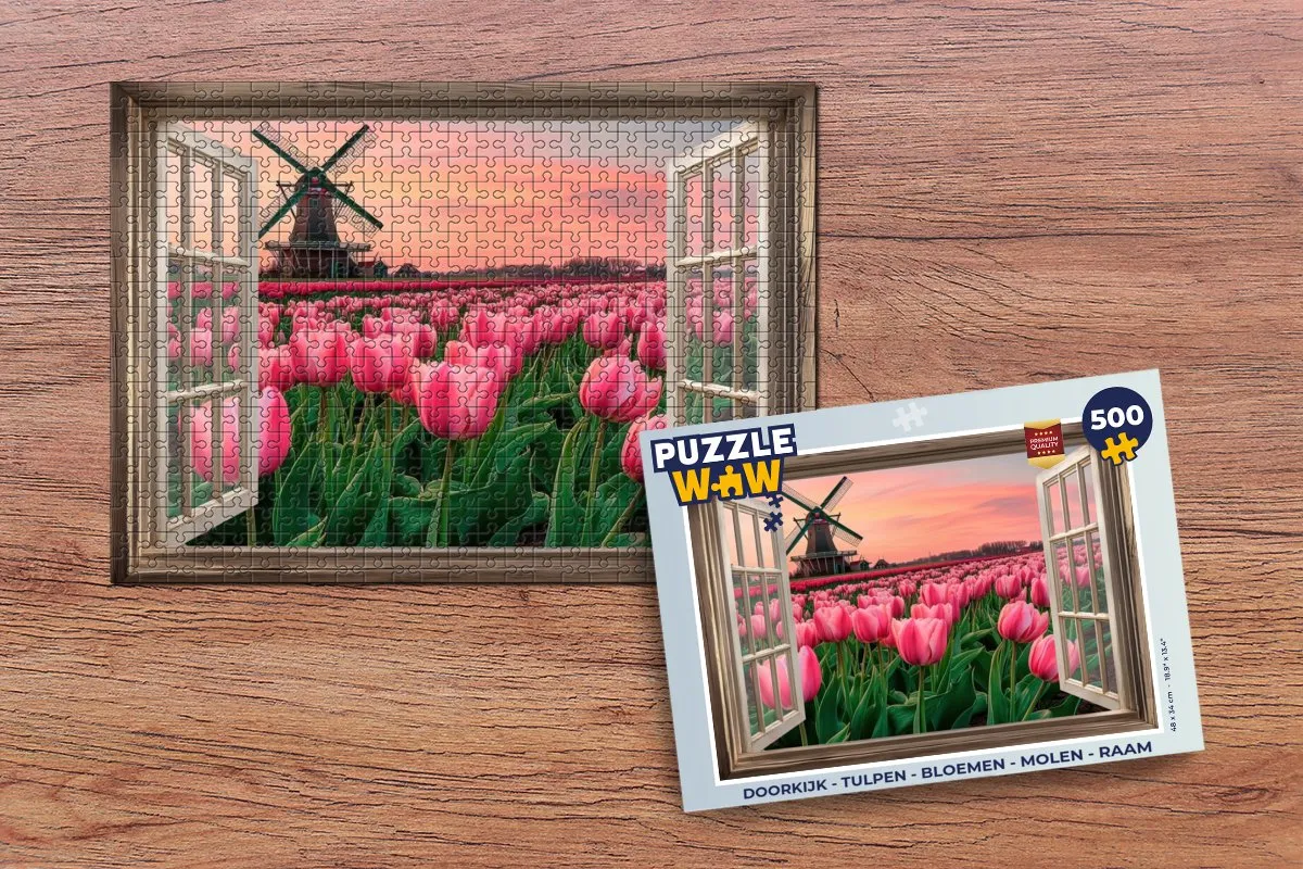 PuzzleWow Doorkijk Tulpen Legpuzzel 500 Stuks - Roze