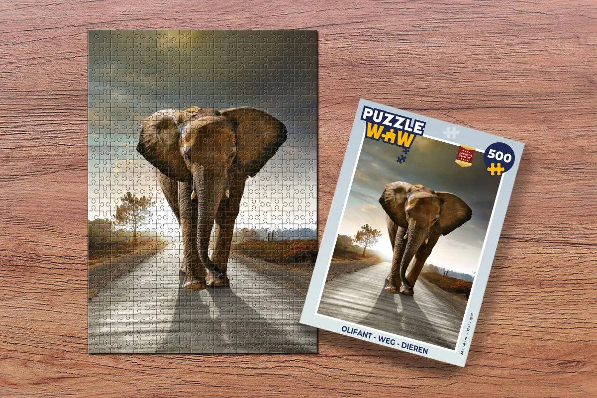 PuzzleWow Olifant Weg Dieren Zonsondergang Legpuzzel 500 Stuks - Multicolor