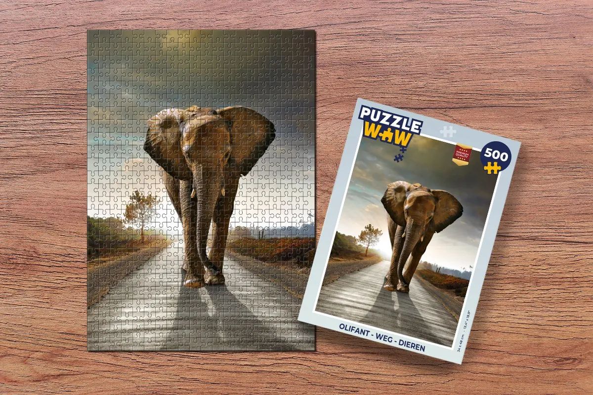PuzzleWow Olifant Weg Dieren Zonsondergang Legpuzzel 500 Stuks - Multicolor