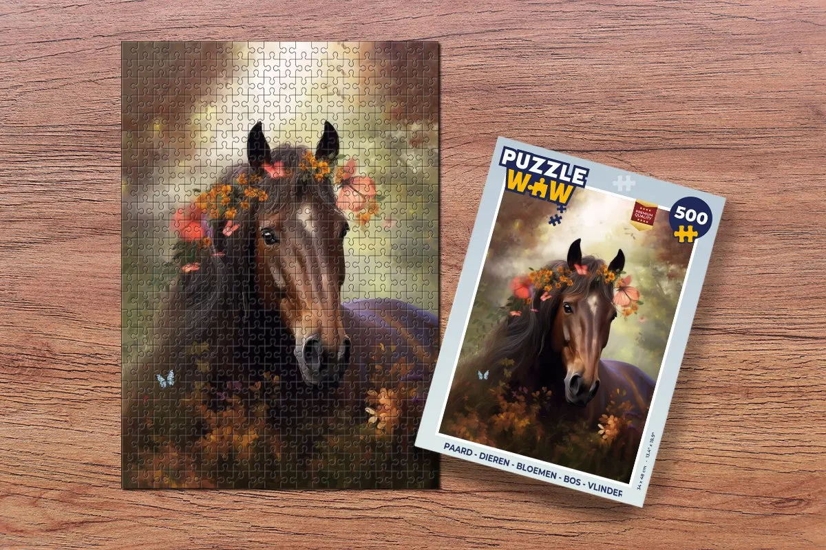 PuzzleWow Legpuzzel Paard Bloemen Bos Vlinder 500 Stuks - Multicolor