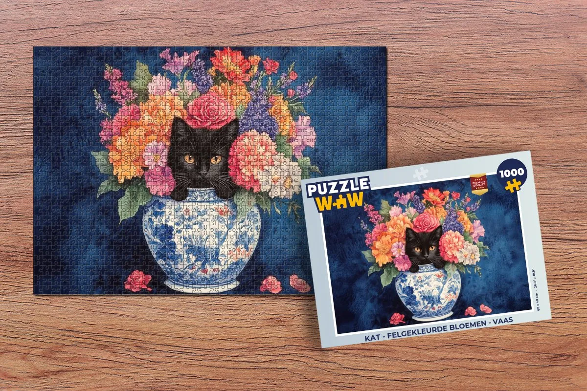 PuzzleWow Kat Felgekleurde Bloemen Vaas Legpuzzel 1000 Stuks