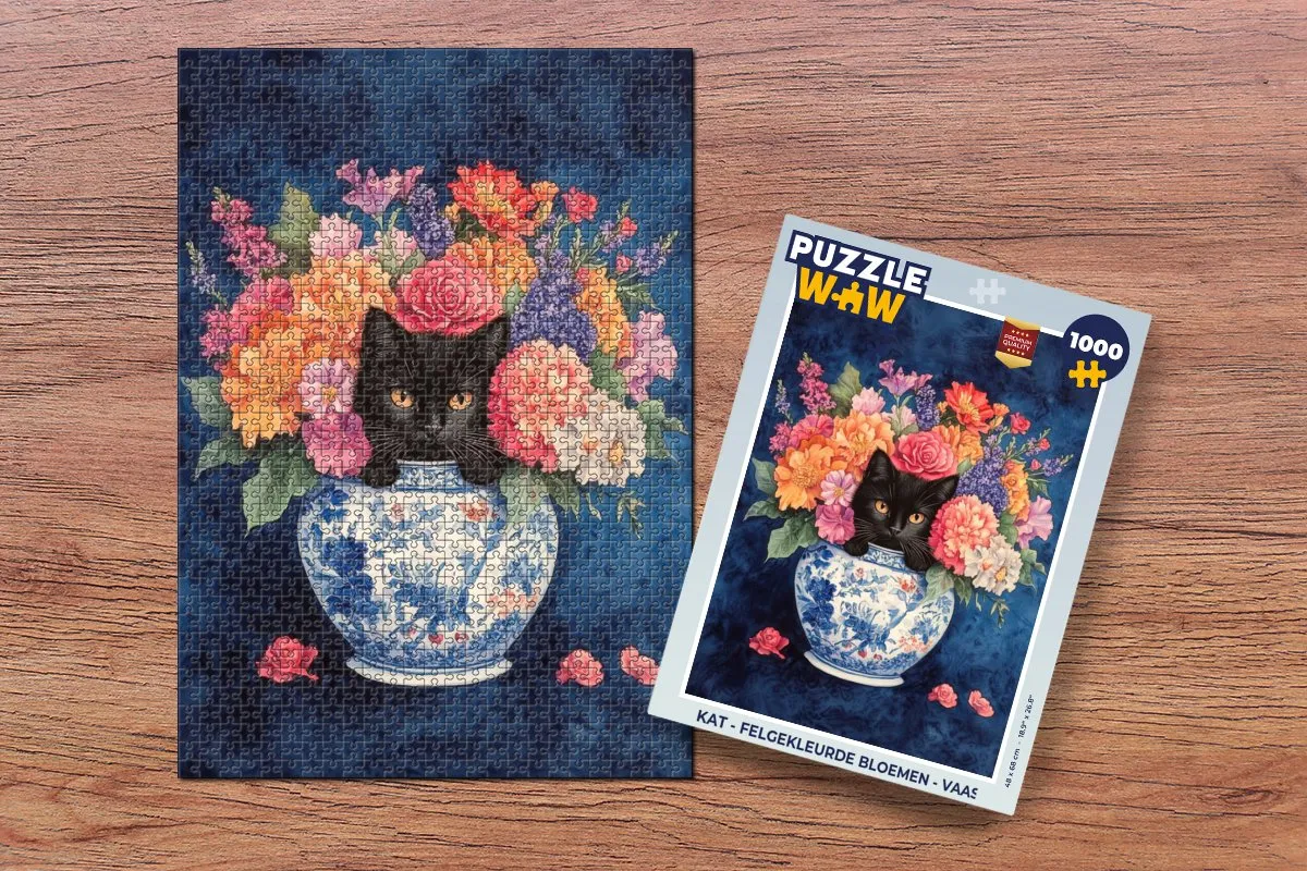 PuzzleWow Kat Felgekleurde Bloemen Vaas Legpuzzel 1000 Stuks