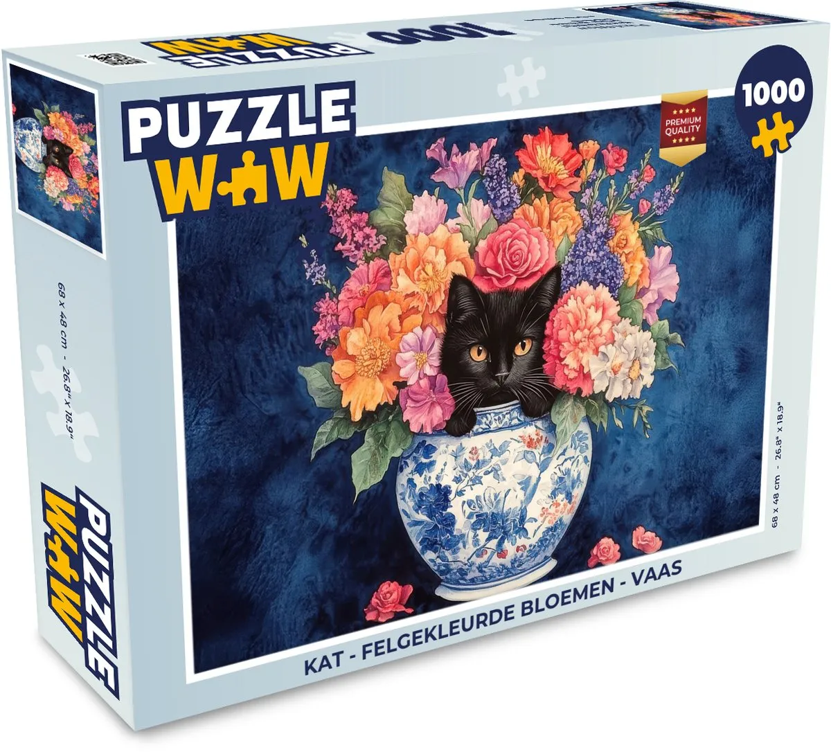 PuzzleWow Kat Felgekleurde Bloemen Vaas Legpuzzel 1000 Stuks