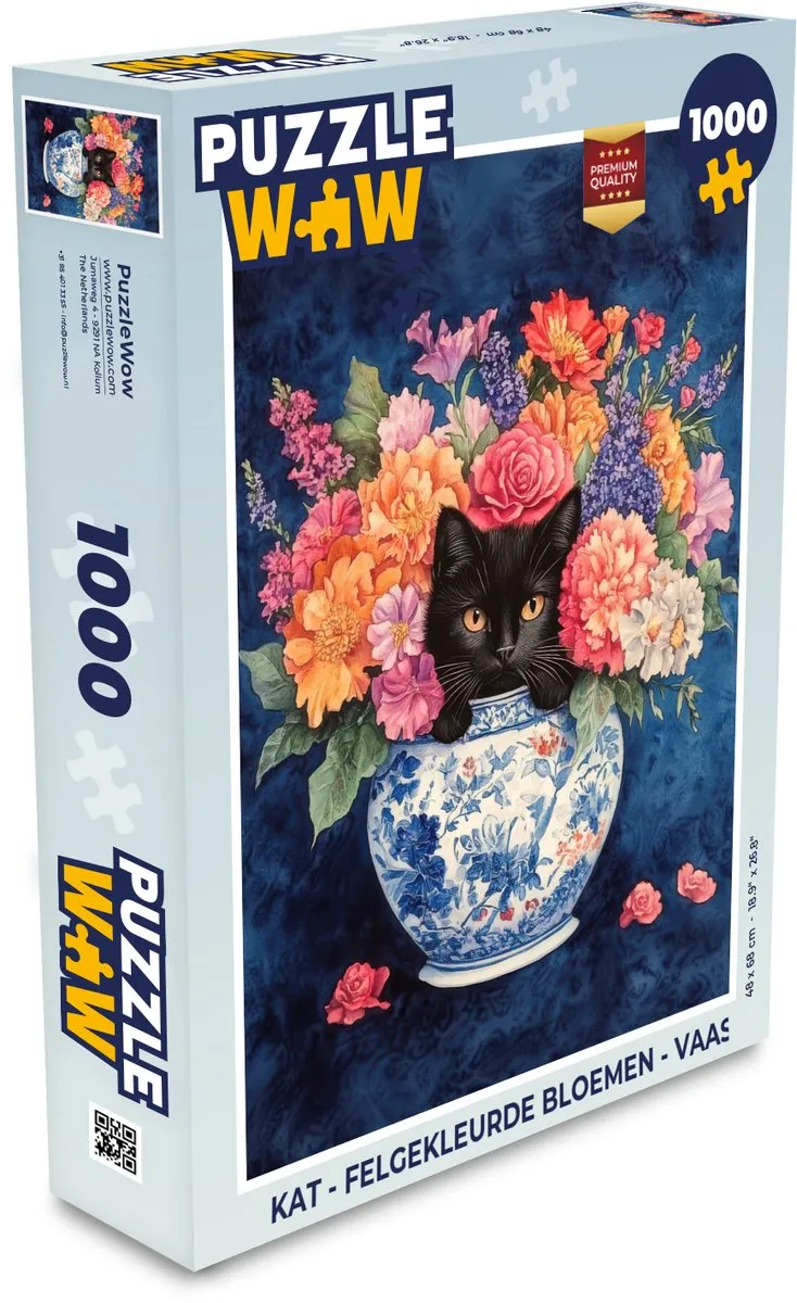 PuzzleWow Kat Felgekleurde Bloemen Vaas Legpuzzel 1000 Stuks
