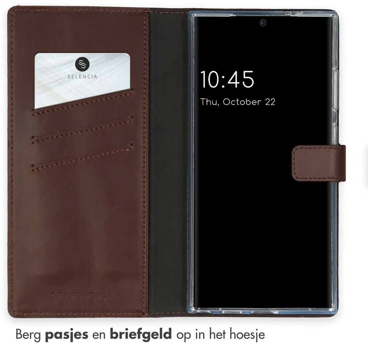 Selencia Hoesje Samsung Galaxy S24 Ultra - Donkerbruin Leder - 3 Pasjes