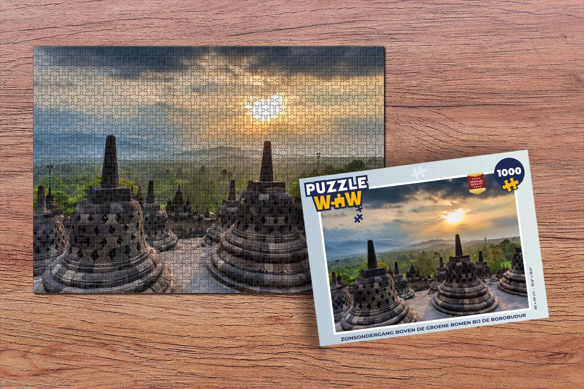PuzzleWow Legpuzzel 1000 Stuks - Borobudur Zonsondergang Multicolor