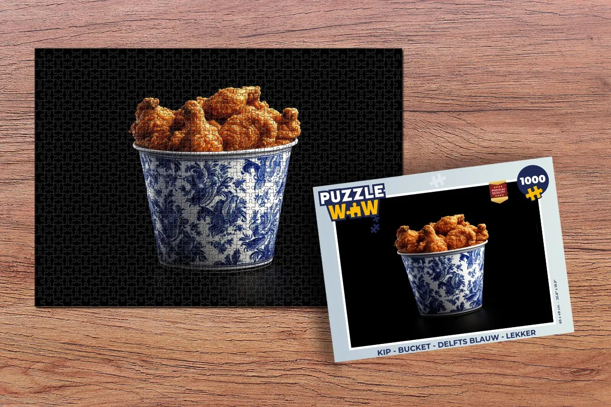 PuzzleWow Kip Bucket Legpuzzel 1000 Stuks - Delfts Blauw