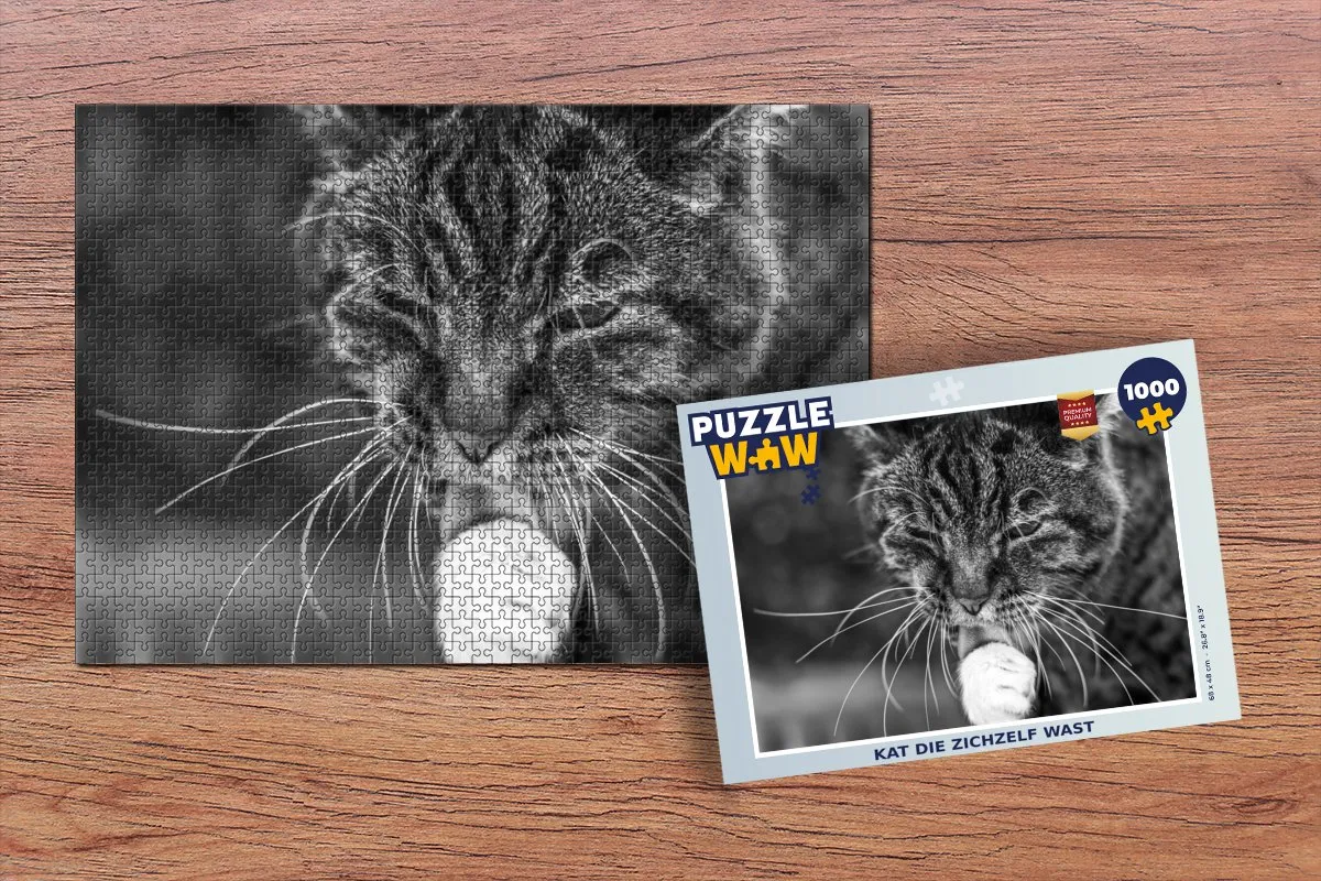 PuzzleWow Legpuzzel Kat die zichzelf wast 1000 Stuks - Multicolor
