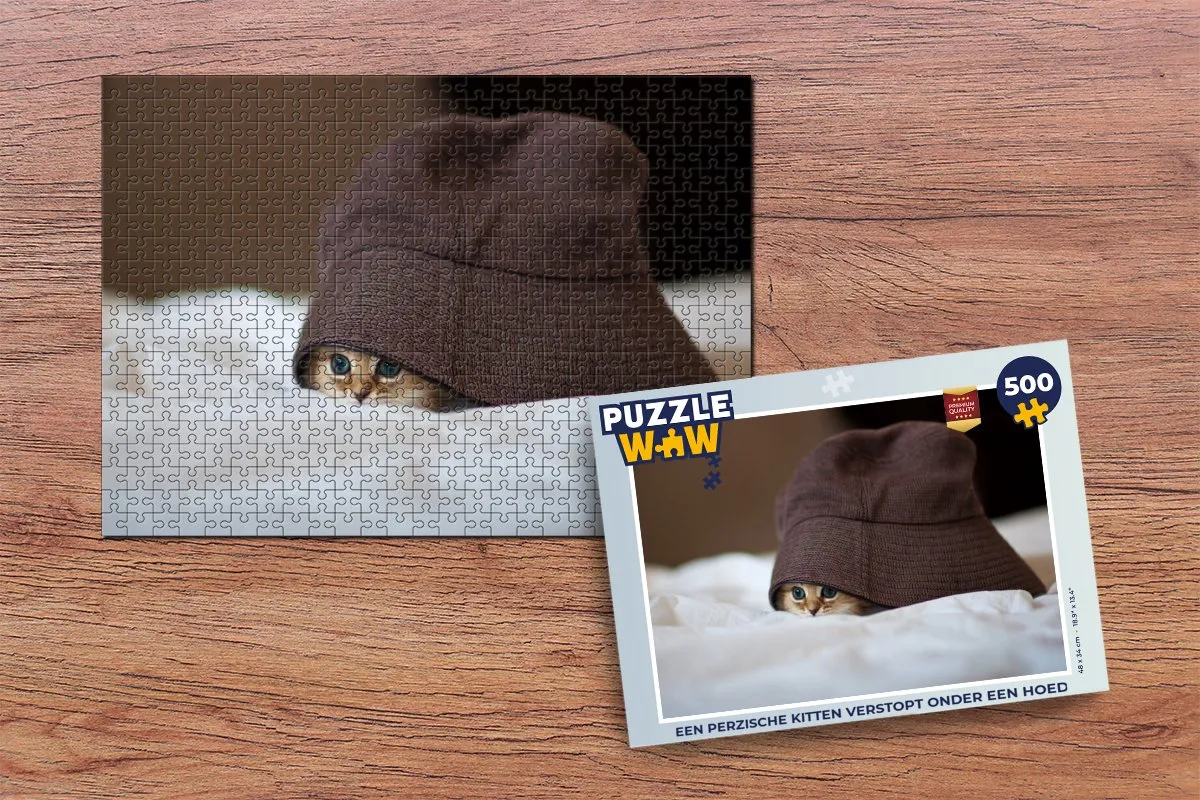 PuzzleWow Legpuzzel Een Perzische kitten onder een hoed - 500 Stuks - Multicolor