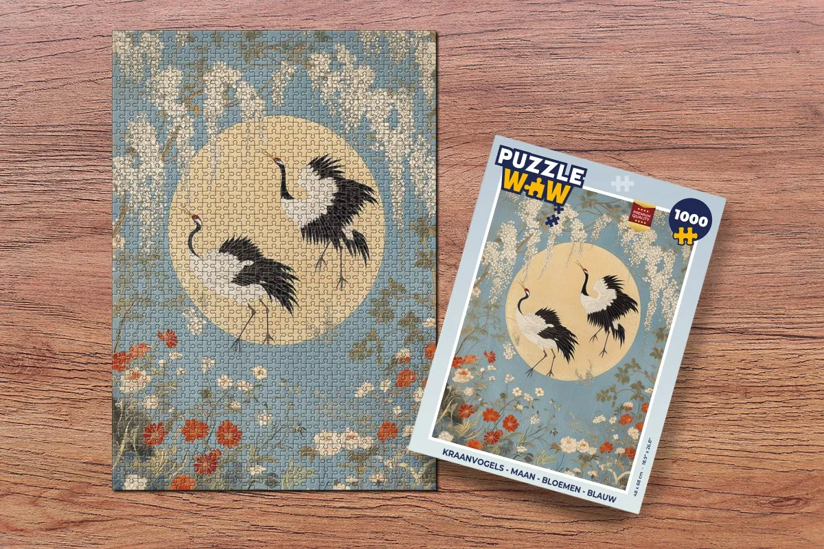 PuzzleWow Kraanvogels Maan Bloemen Legpuzzel 1000 Stuks - Blauw