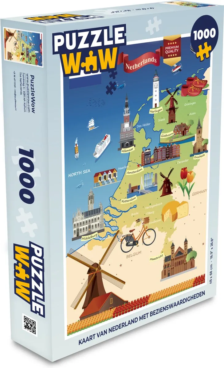 PuzzleWow Legpuzzel Kaart van Nederland 1000 Stuks - Multicolor