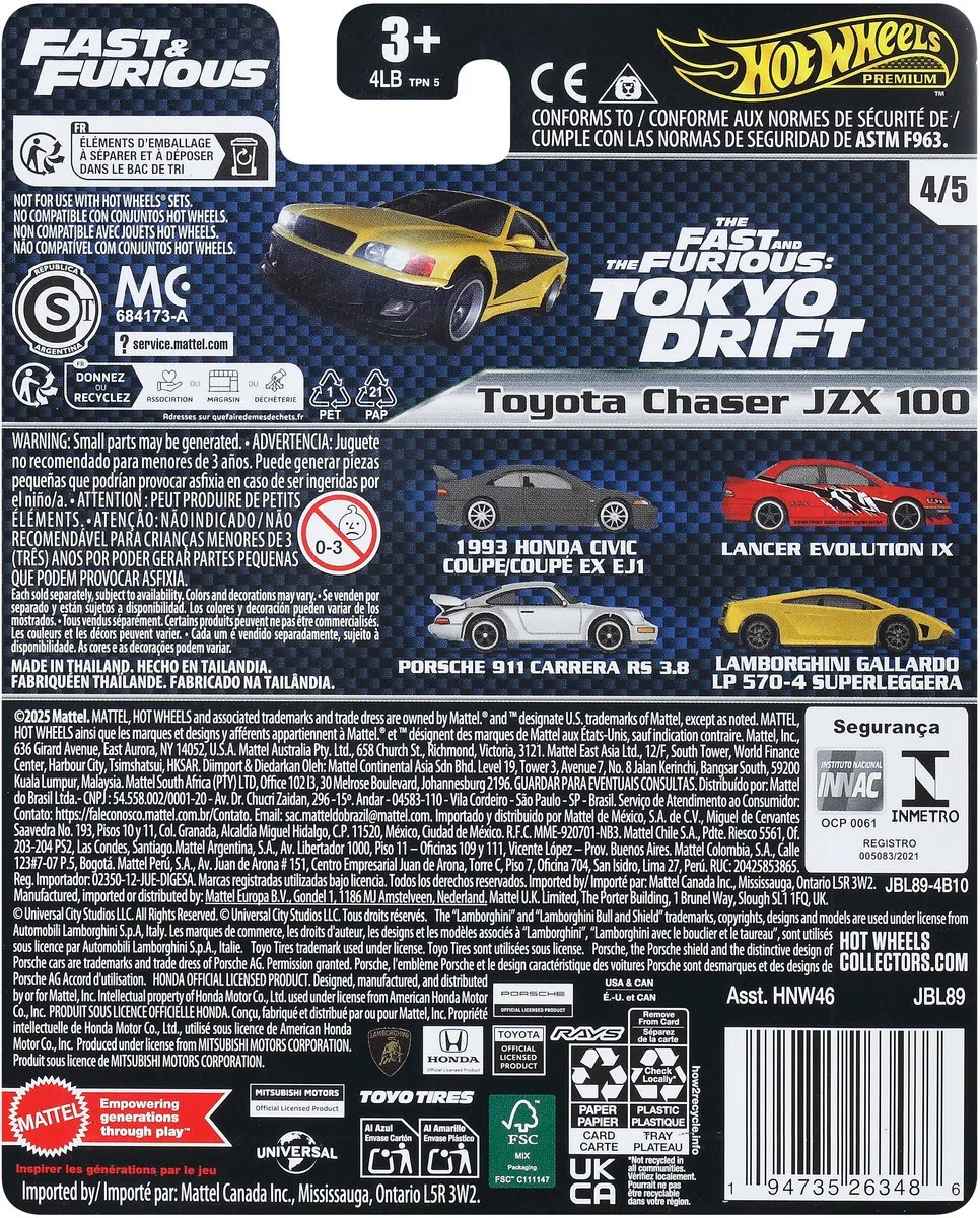 Hot Wheels Fast & Furious Toyota Chaser JZX 100 JBL89 - Geel