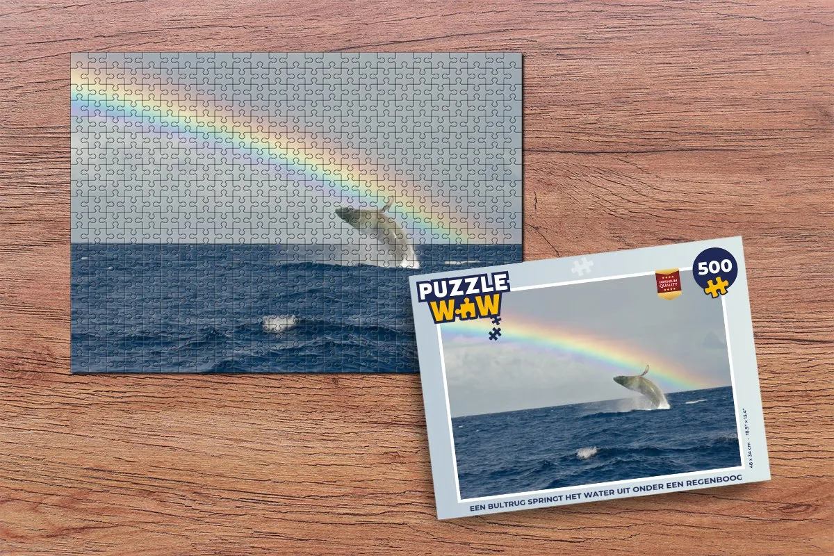 PuzzleWow Legpuzzel Een bultrug springt onder regenboog - 500 Stukken - Multicolor