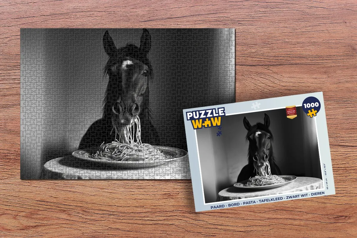 PuzzleWow Paard Bord Pasta Tafelkleed Puzzel 1000 Stuks - Zwart Wit