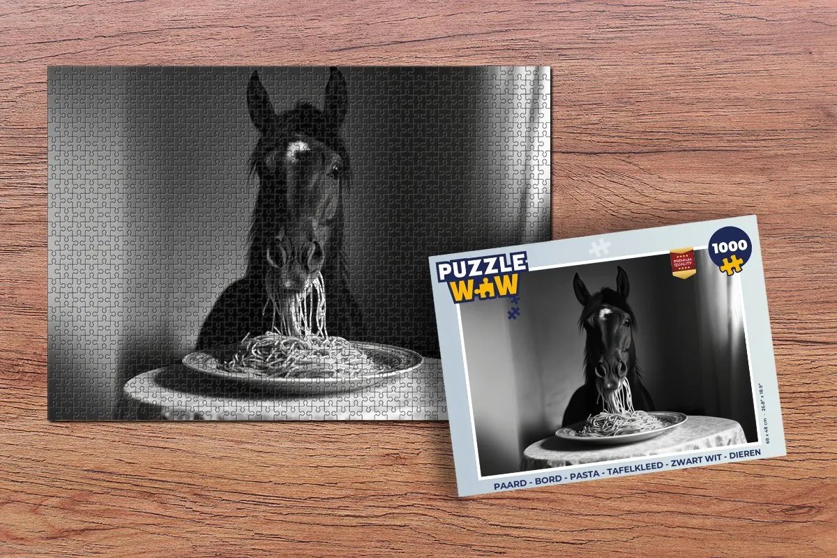 PuzzleWow Paard Bord Pasta Tafelkleed Puzzel 1000 Stuks - Zwart Wit