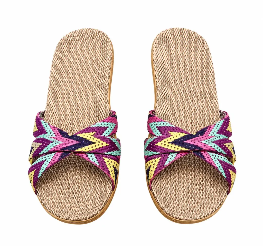 Paarse dames pantoffels linnen instap slippers bohemian kruislings geweven bande
