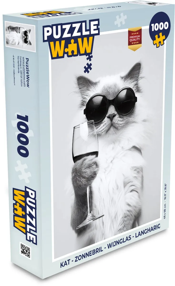 PuzzleWow Legpuzzel 1000 Stuks - Kat met Wijnglas