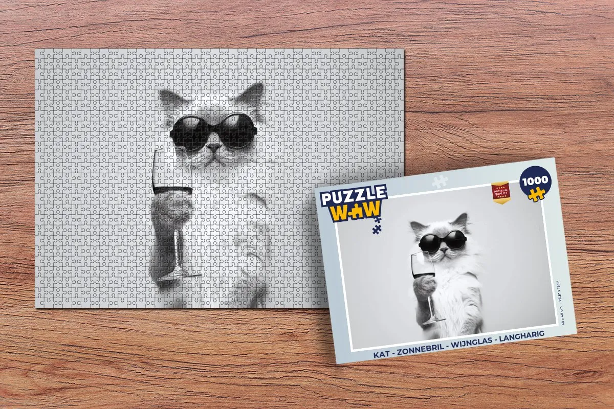 PuzzleWow Legpuzzel 1000 Stuks - Kat met Wijnglas