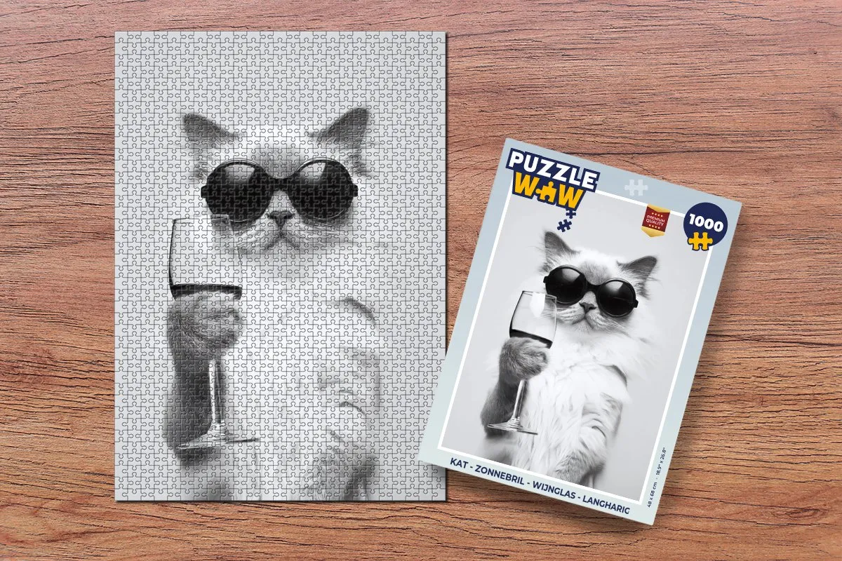 PuzzleWow Legpuzzel 1000 Stuks - Kat met Wijnglas