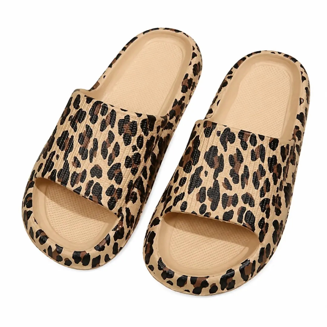 Khaki badslippers dames EVA instap slippers luipaard print antislip open teen li