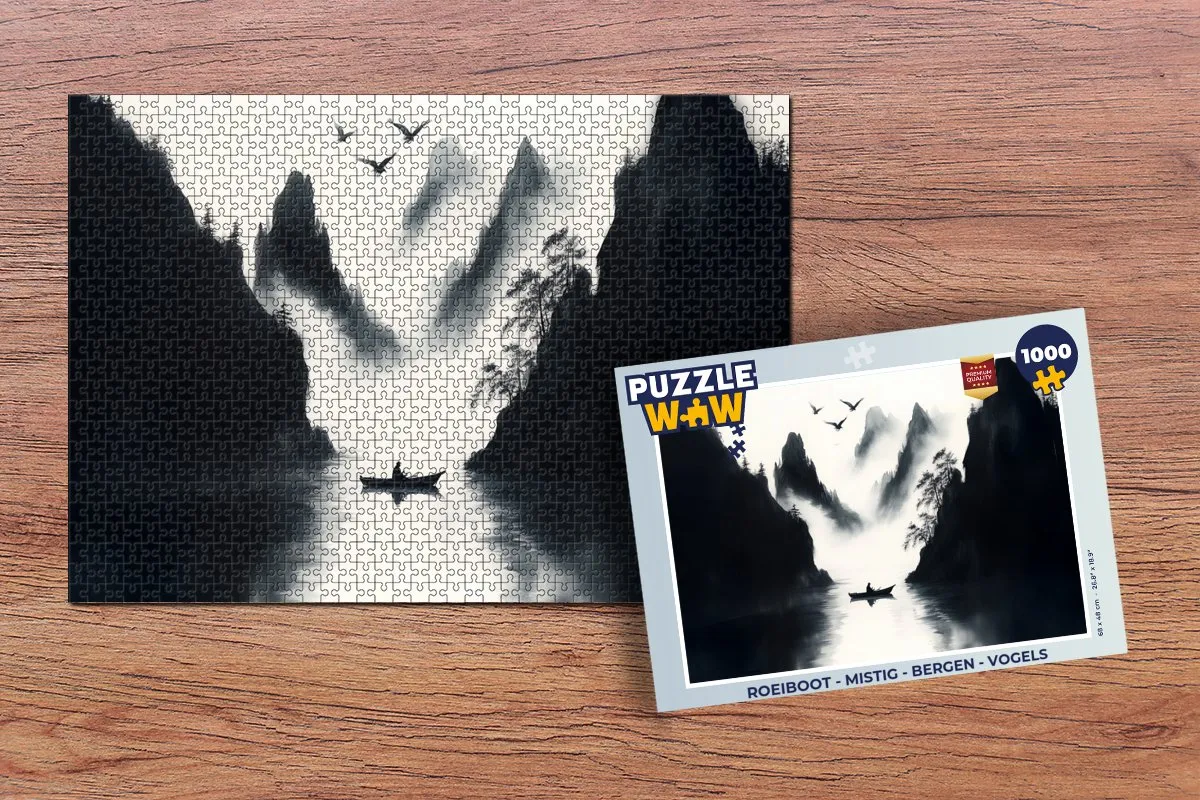 PuzzleWow Roeiboot Mistig Bergen Vogels Legpuzzel 1000 Stukjes