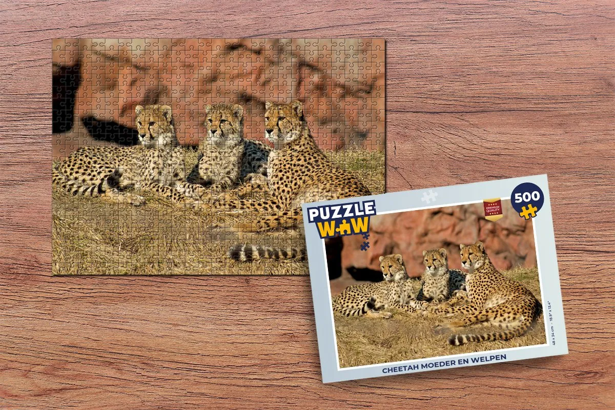 PuzzleWow Cheetah Moeder en Welpen Legpuzzel 500 Stuks - Multicolor