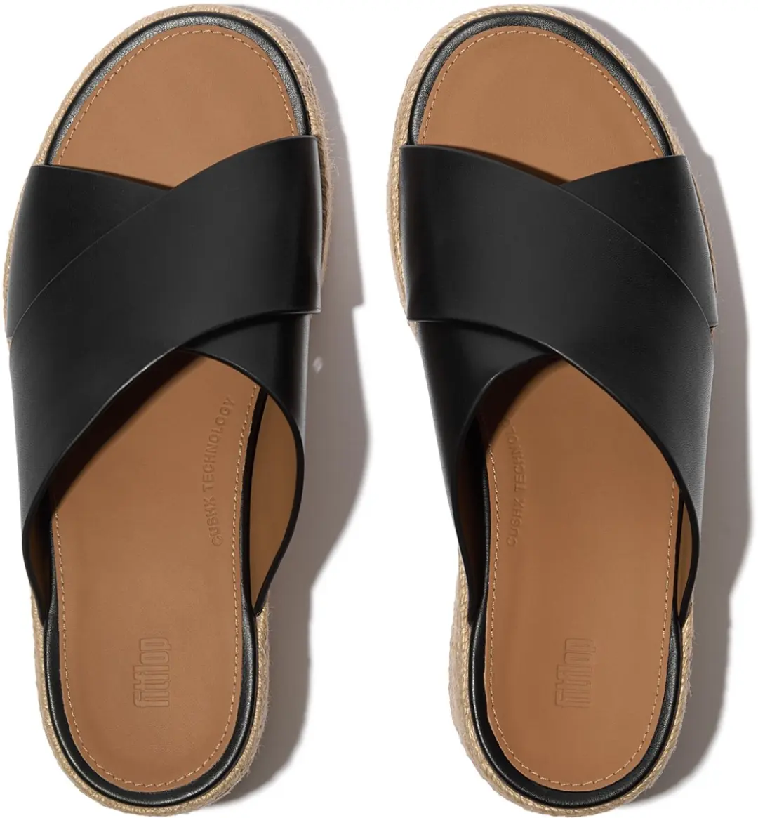 FitFlop FitFlop Platfforms Espadrille Leather Wedge Cross Slides ZWART