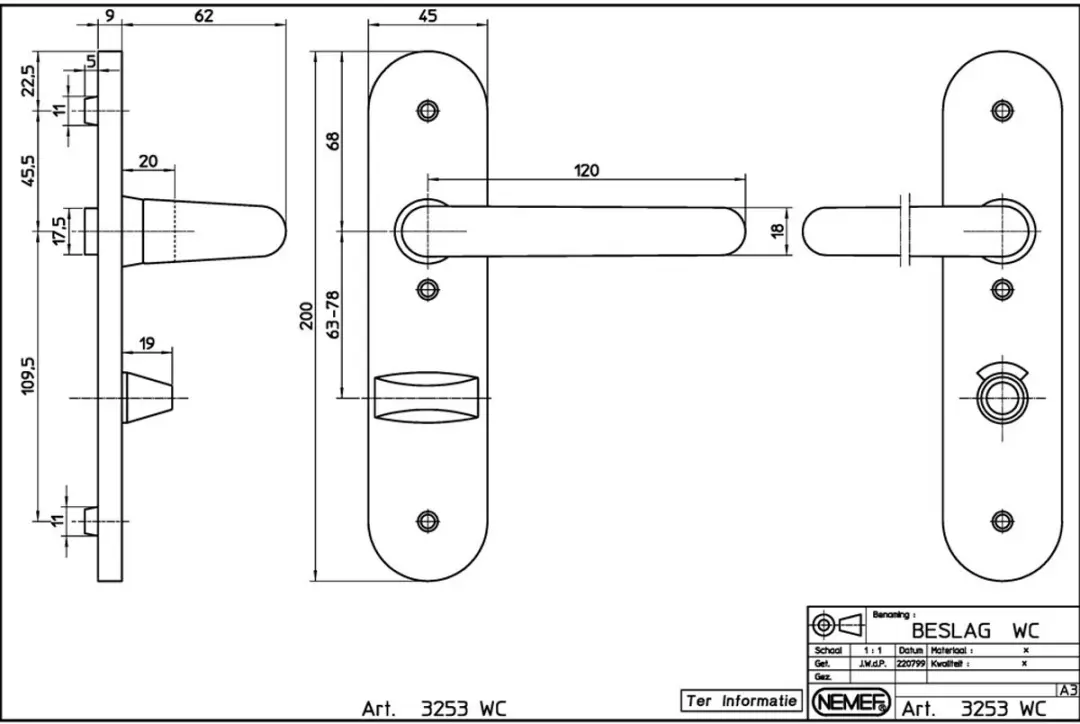 Nemef Deurkrukgarnituur F1 3253 WC - 8x72mm - Aluminium - afbeelding 2 van 6