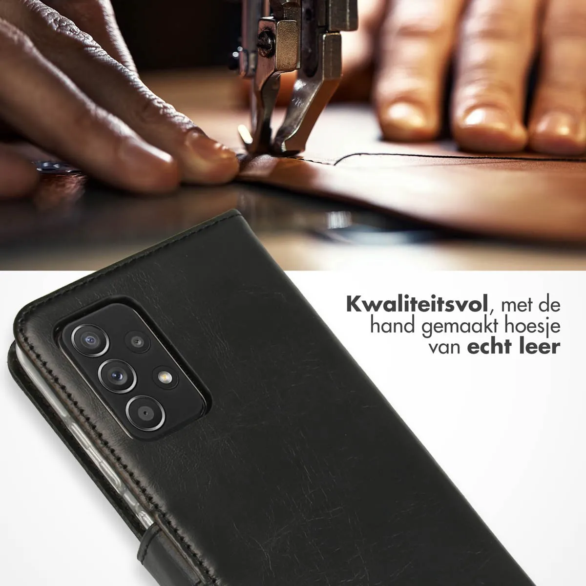 Selencia Hoesje Samsung Galaxy A52 - Echt Lederen Bookcase Zwart