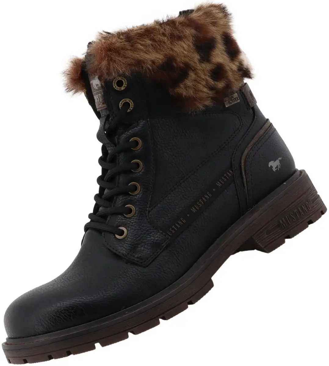 Mustang dames Tex enkellaarsje zwart/leopard gevoerd