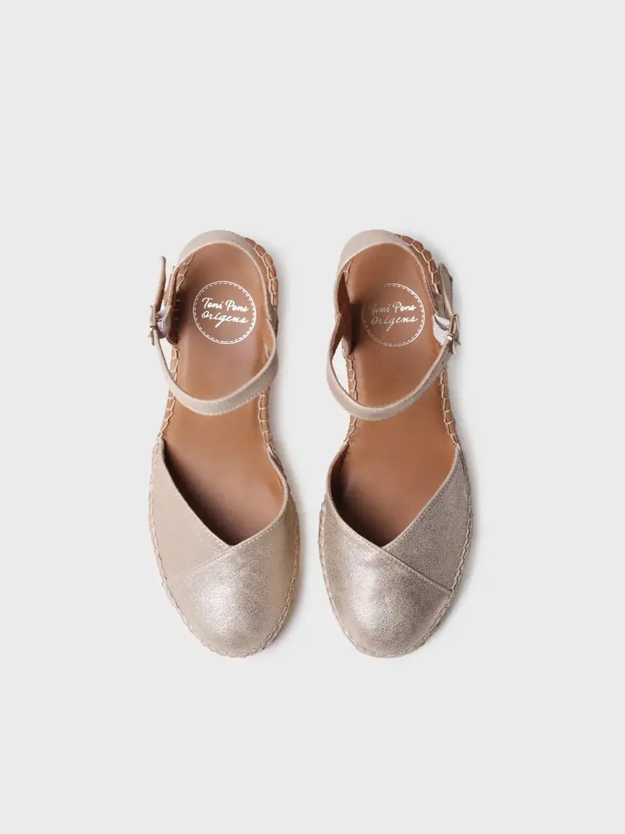 Dames leren espadrille met sleehak in champagnekleur